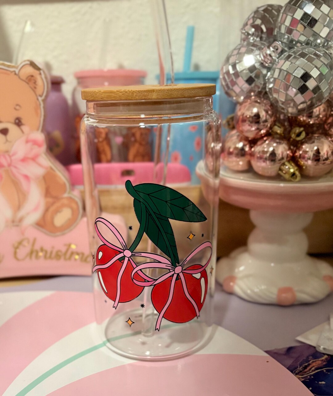 Cherry Coquette Glass Cup, Bamboo Lid and Straw 16oz - Etsy