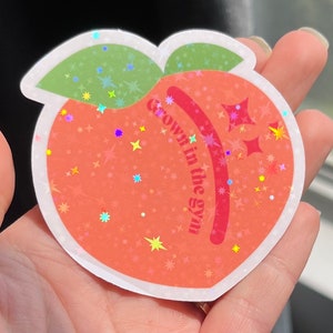 Grown in the gym peach fitness holographic sticker, Laptop, Kindle, Water Bottle