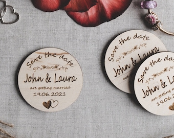 Save The Date Wedding Magnets, Wood Wedding Favors, Customisable Engraved Personalized Invitations