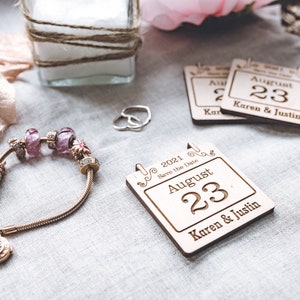 Personalized Calendar Wooden Save the Date Magnets - Rustic Wedding Favors with Engraved Names and Date | Handcrafted and Customizable