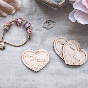 Customizable Heart-Shaped Wooden Save the Date Magnets - Rustic Wedding Favors with Engraved Names and Date | Handcrafted
