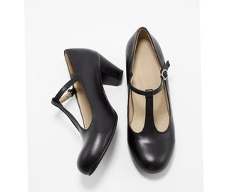 Leather Mary Jane Heels, T Strap Dress Shoes, 2.2'' Block Heel