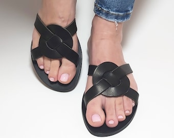 Women Leather Sandal,Black Leather Sandal,Black Leather Slide,Black Leather Flip Flop,Handmade Greek Sandal,Statement Sandal