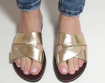 Womens Slides Sandals,Gold Sandals,Flip Flops,Designer Slides,Beach Sandals, Leather Sandals,Brown Sandals