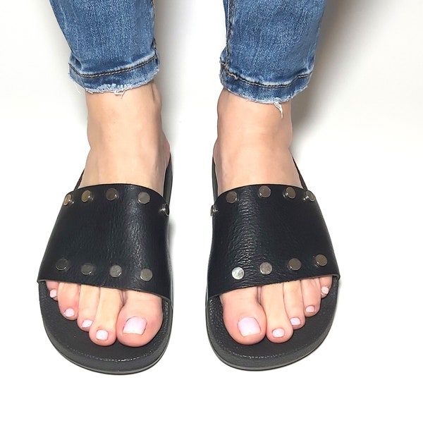 Luxury Black Leather Designer Slides,Womens Studded Sandals,Platform Leather Sliders,Flat Flip Flops,Custom Shoes,Greek Sandals,Leather Gift