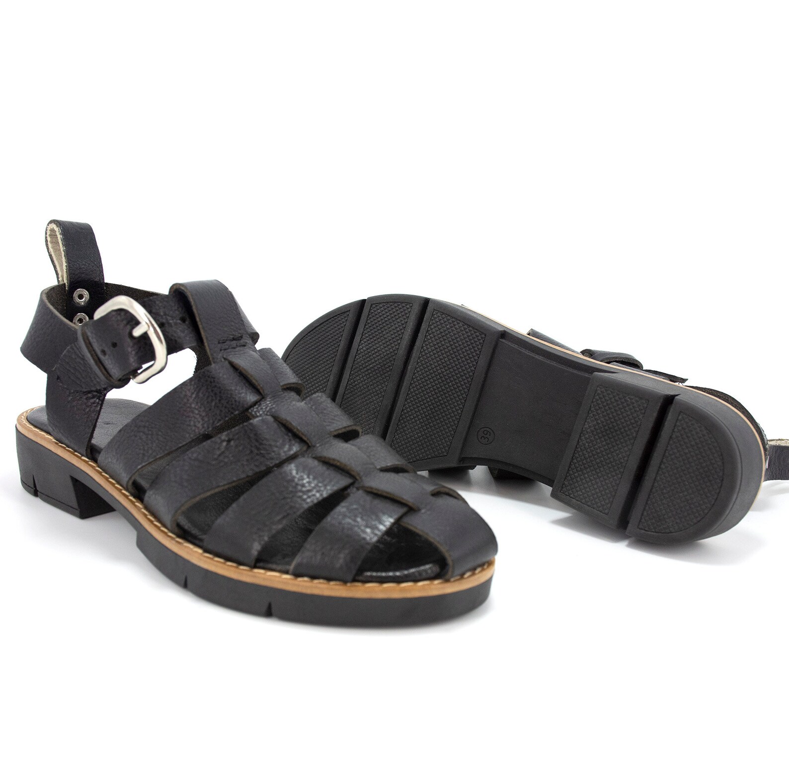 black-leather-chunky-fisherman-strappy-sandals-womenplatform-etsy