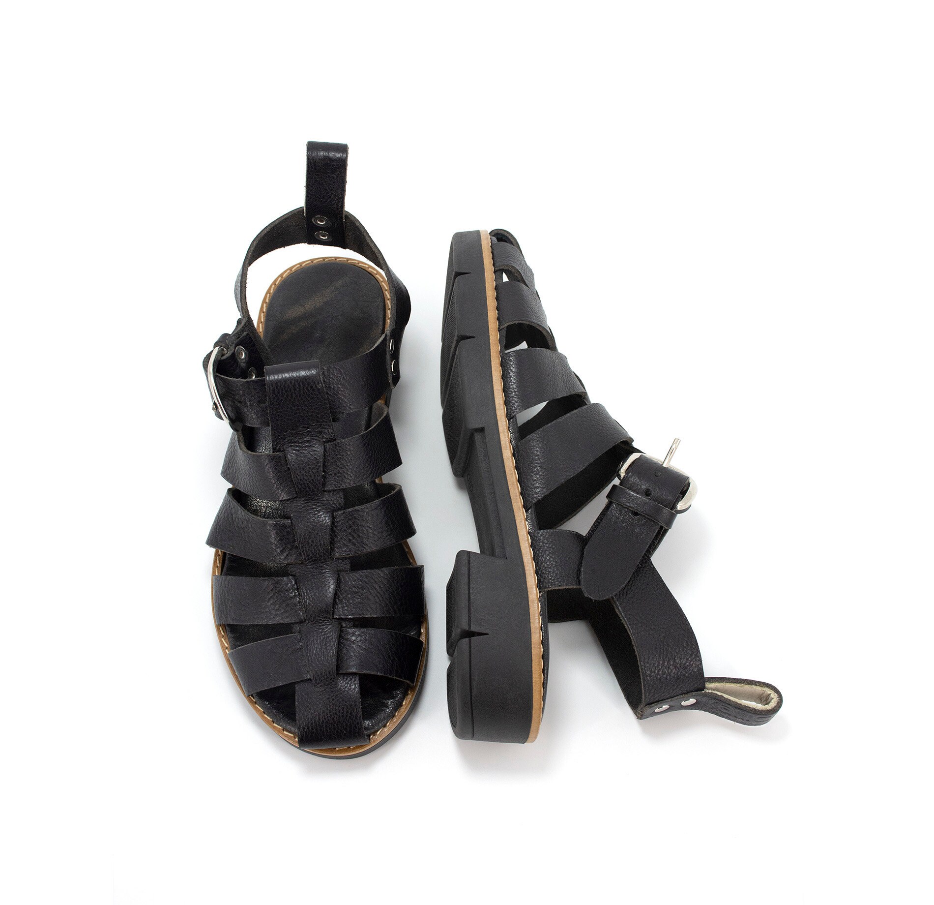 Black Leather Chunky Fisherman Strappy Sandals WomenPlatform Etsy