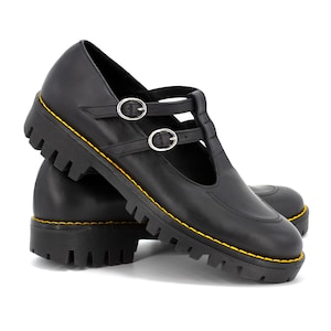 Black Leather T-Bar Double Strap Mary Jane,Platform Mary Jane,Double T-Bar Straps Chunky Heel Mary Jane,T-Bar low heel Mary Jane pumps