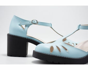 Mary Janes Shoes Platform,Light Blue Platform Mary Janes,Leather Shoes,Baby Blue Block Heel,Cut Out Chunky Platform Heels,Custom Shoes