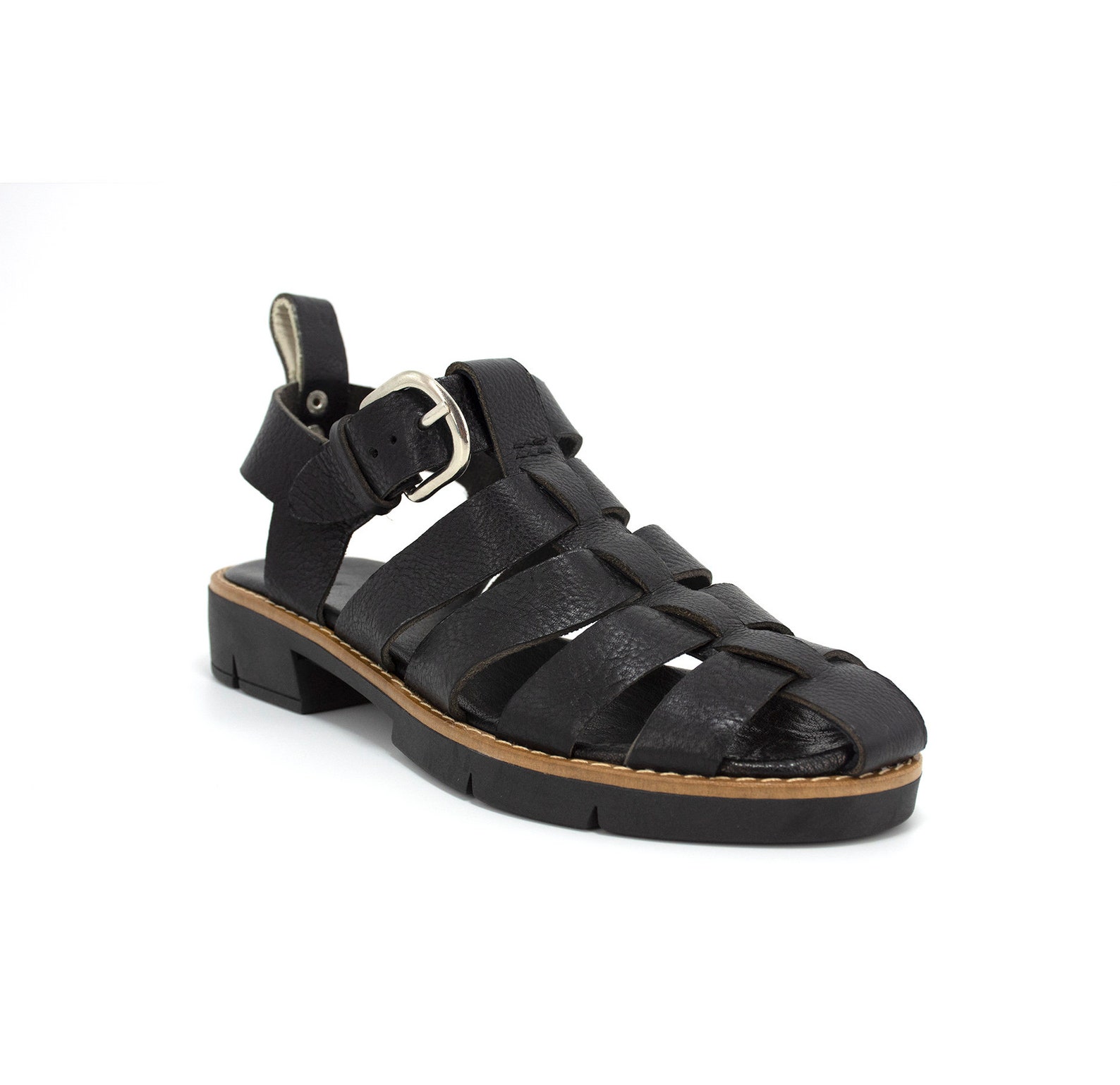 Black Leather Chunky Fisherman Strappy Sandals WomenPlatform Etsy