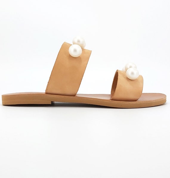 Sandalias de perlas de lujo planas, sandalias de cuero negro