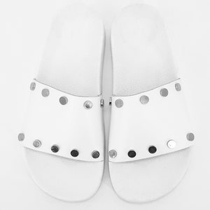 Luxury Leather Designer Slides,White Studded Embellished Womens Luxury Sandals,Platform Leather Sliders,Custom Greek Sandals,Leather Gift image 7