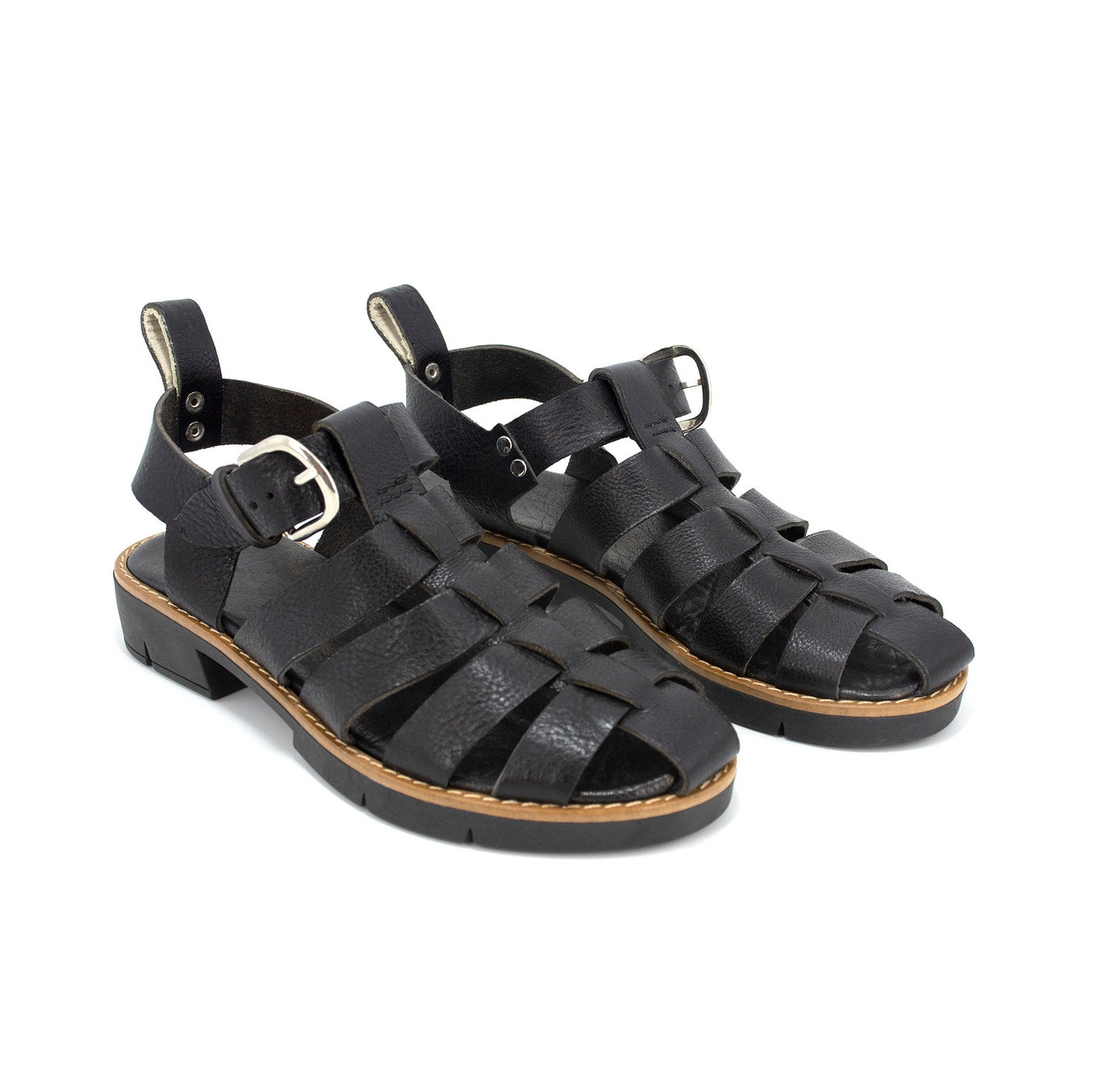Black Leather Chunky Fisherman Strappy Sandals WomenPlatform Etsy