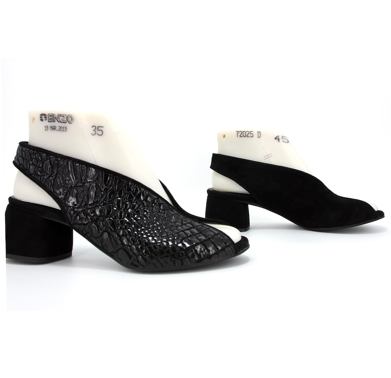 Block Heel Slingback Sandals,Black Suede Open Toe Sandals,Mid Heel Leather Sandals,Greek Sandals,Vintage Shoes,Custom Shoes image 3