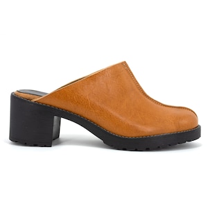 Light Brown Platform Slides,Chunky Heel Mules,Mid Heel Clogs,Clog Slippers,Leather Shoes, Clogs,Moccasin Clogs,Slip On Shoes