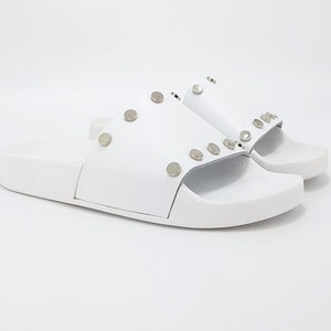 Luxury Leather Designer Slides,White Studded Embellished Womens Luxury Sandals,Platform Leather Sliders,Custom Greek Sandals,Leather Gift image 6