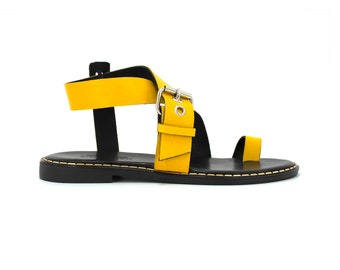 Women Genuine Leather Strappy Sandals,Ankle Strap Sandals with Toe Ring,Yellow Leather Summer Shoes,Greek Sandals,Gladiator Sandals,Custom