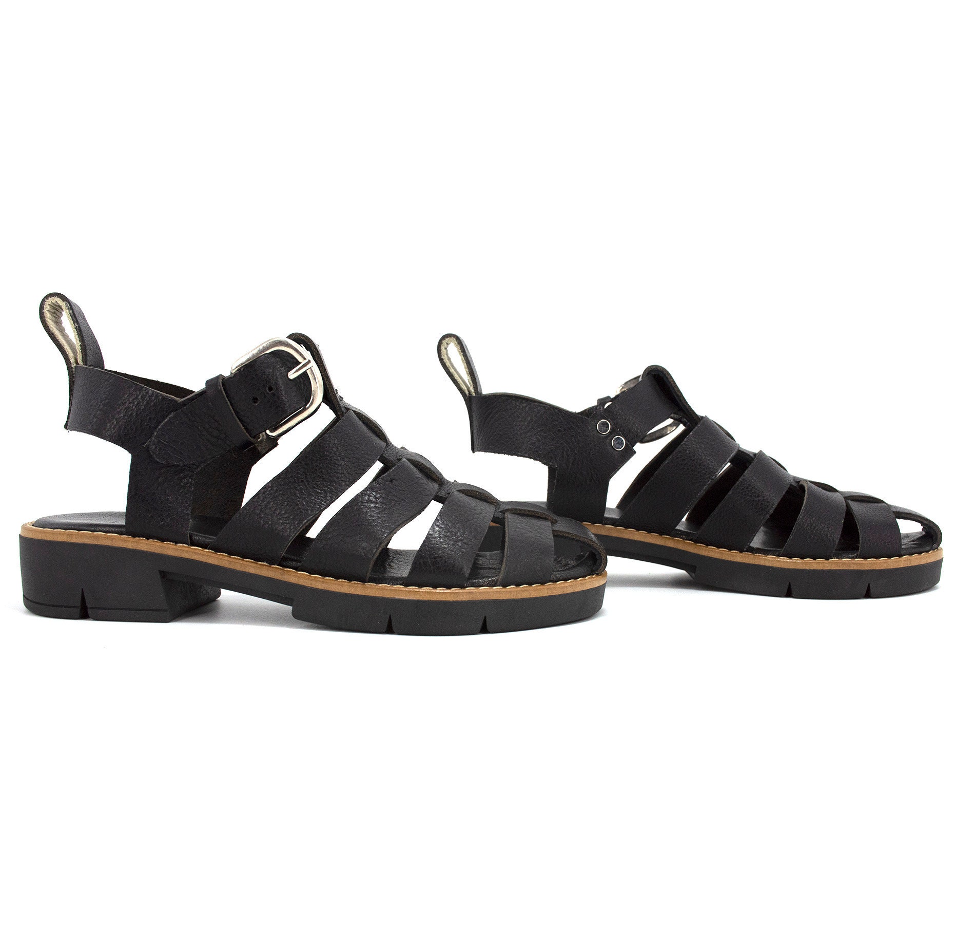 Black Leather Chunky Fisherman Strappy Sandals WomenPlatform Etsy