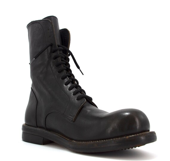 Handmade Italian Leather Mens Combat Boots, Black Lace up  display picture 3