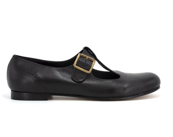 Heels low,Wide T-Bar Strap Flat Shoes,T-Bar Strap Ballerina Shoes,Black Leather Mary Janes,Round Toe Ballerina Flats,Ballerina Schuhe