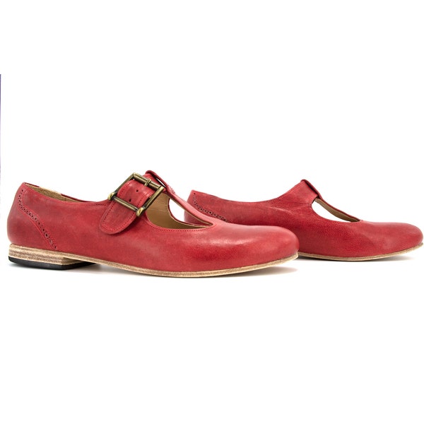 Brede T-riem Mary Janes schoenen, Mary Janes flats, rode Mary Janes, leren schoenen, Mary Janes, damesschoenen, aangepaste schoenen, hakken voor vrouwen, kledingschoenen