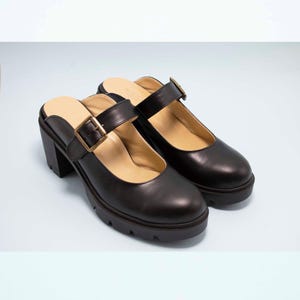 May include: A pair of black leather heeled mules with a buckle strap. The shoes have a chunky platform heel and a rounded toe.