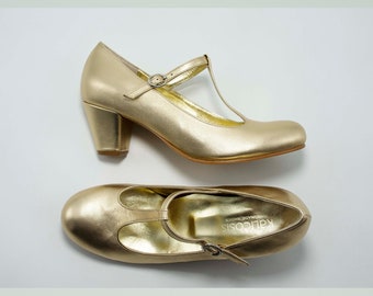 Gold Leather T-Strap Mary Janes, Block Heel Wedding Shoes