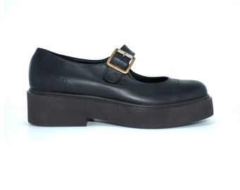 Black Leather Mary Janes Shoes Platform, Platform Heels,Mary Janes Heels,Chunky Heel,Rubber Soles,Leather Shoes,Vintage Shoes