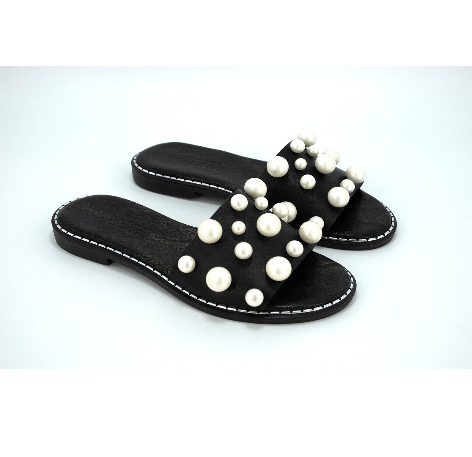 black flat sandals with pearls