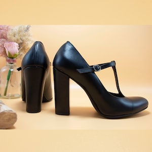 Heels T Strap,Heels Mary Janes,Schwarze High Heels Block,Lederschuhe,Kleid Schuhe,Blockabsatz,Heels Mary Janes Schuhe,Spezialanfertigung Schuhe,T Strap Schuhe