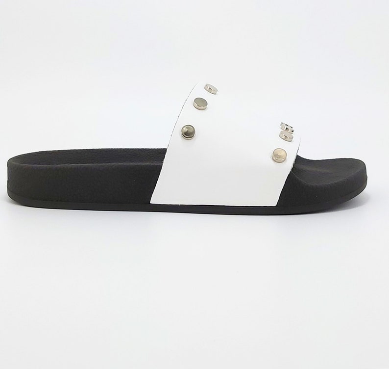 Luxury Leather Designer Slides,White Studded Embellished Womens Luxury Sandals,Platform Leather Sliders,Custom Greek Sandals,Leather Gift White,Black Sole