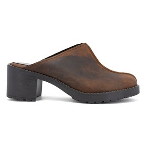 Platform Slides,Brown Mid Heel Clogs,Clog Heels 90s Platform,Clog Slippers,Clog Mules,Brown Antique Leather Mules, Clogs,Moccasin Clogs