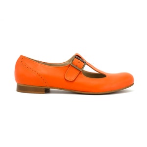 Orange Mary Jane Shoes,Wide T Strap Mary Jane Shoe,Leather Flats,Ballet Flats,Mary Janes,Round Toe Womens Shoes,Custom Shoes,Handmade Shoes