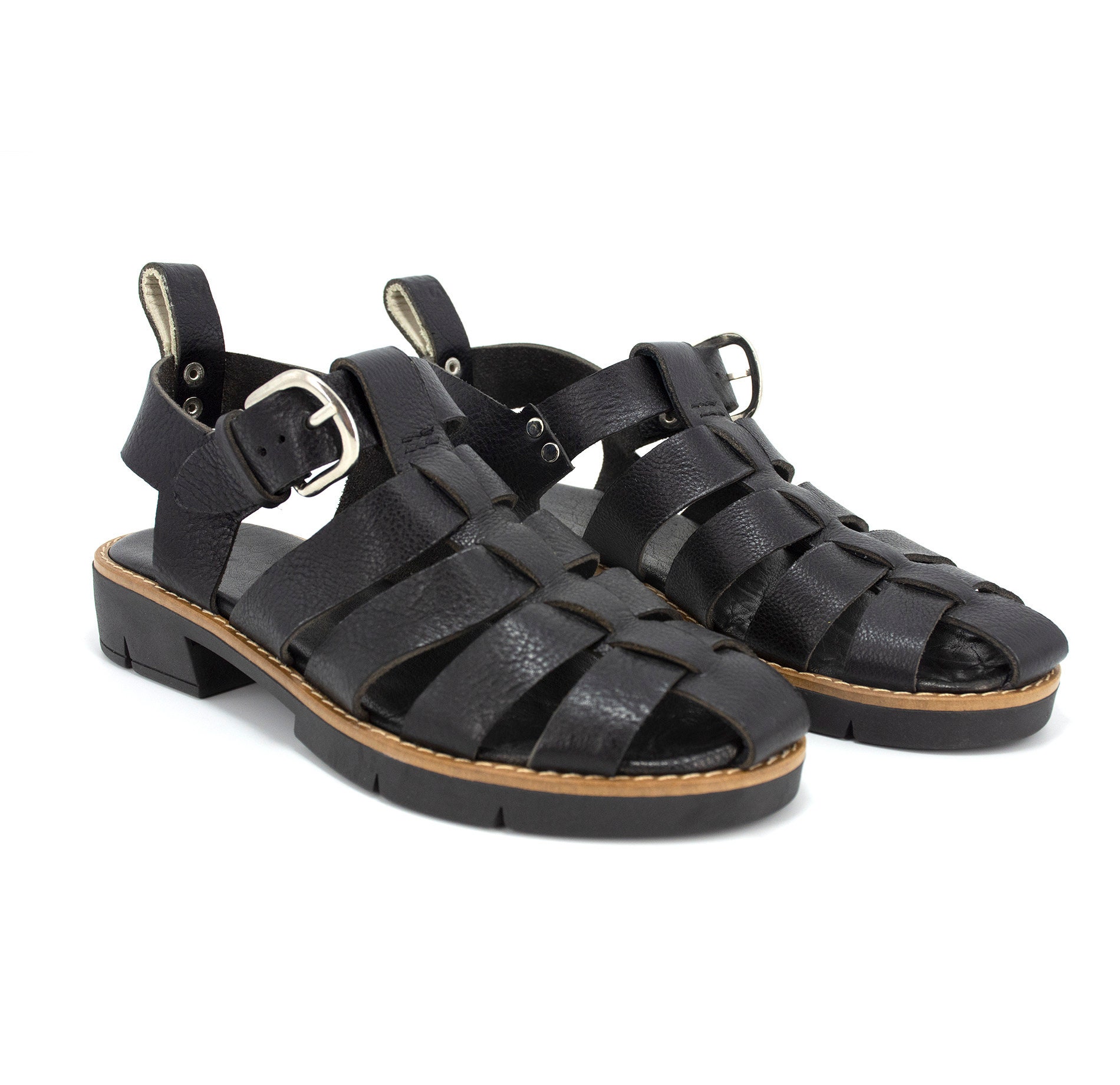 Black Leather Chunky Fisherman Strappy Sandals WomenPlatform Etsy