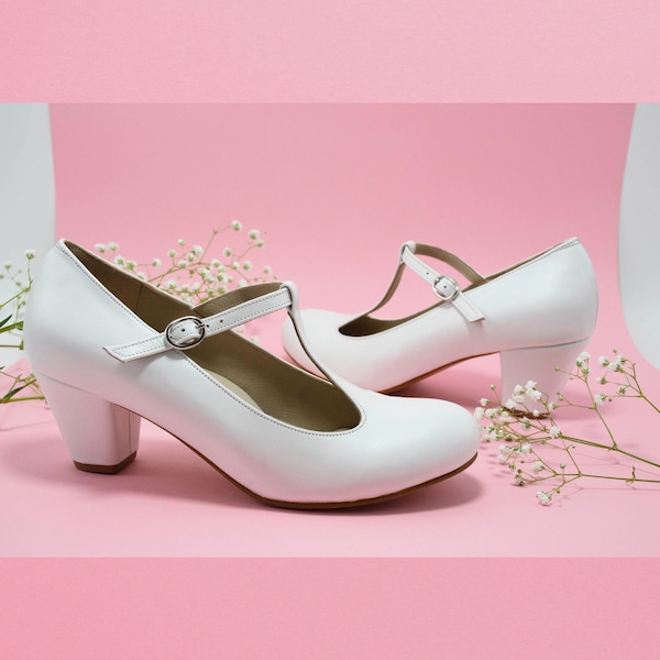 Mary Janes, talons blancs, chaussures Mary Janes avec bride en T, chaussures en cuir, chaussures personnalisées, chaussures de mariage, chaussures de danse, chaussures Mary Jane à talons, bloc de talons