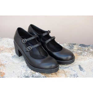 Black Mary Janes Shoes Platform,Womens Shoes,Leather Shoes,Double Strap Mary Janes,Black Shoes,Custom Shoes,Platform Heels Black Chunky