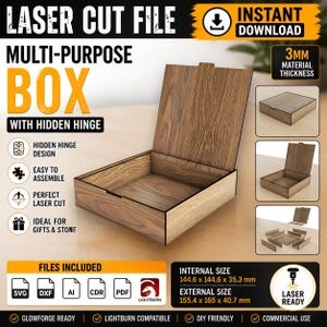 May include: A laser-cut wooden box with a hidden hinge design. The box is shown open, revealing the interior, and has a 3mm material thickness. The image includes the text "Laser Cut File" and "Instant Download". The internal size is 14.46 x 14.46 x 3.53 cm.