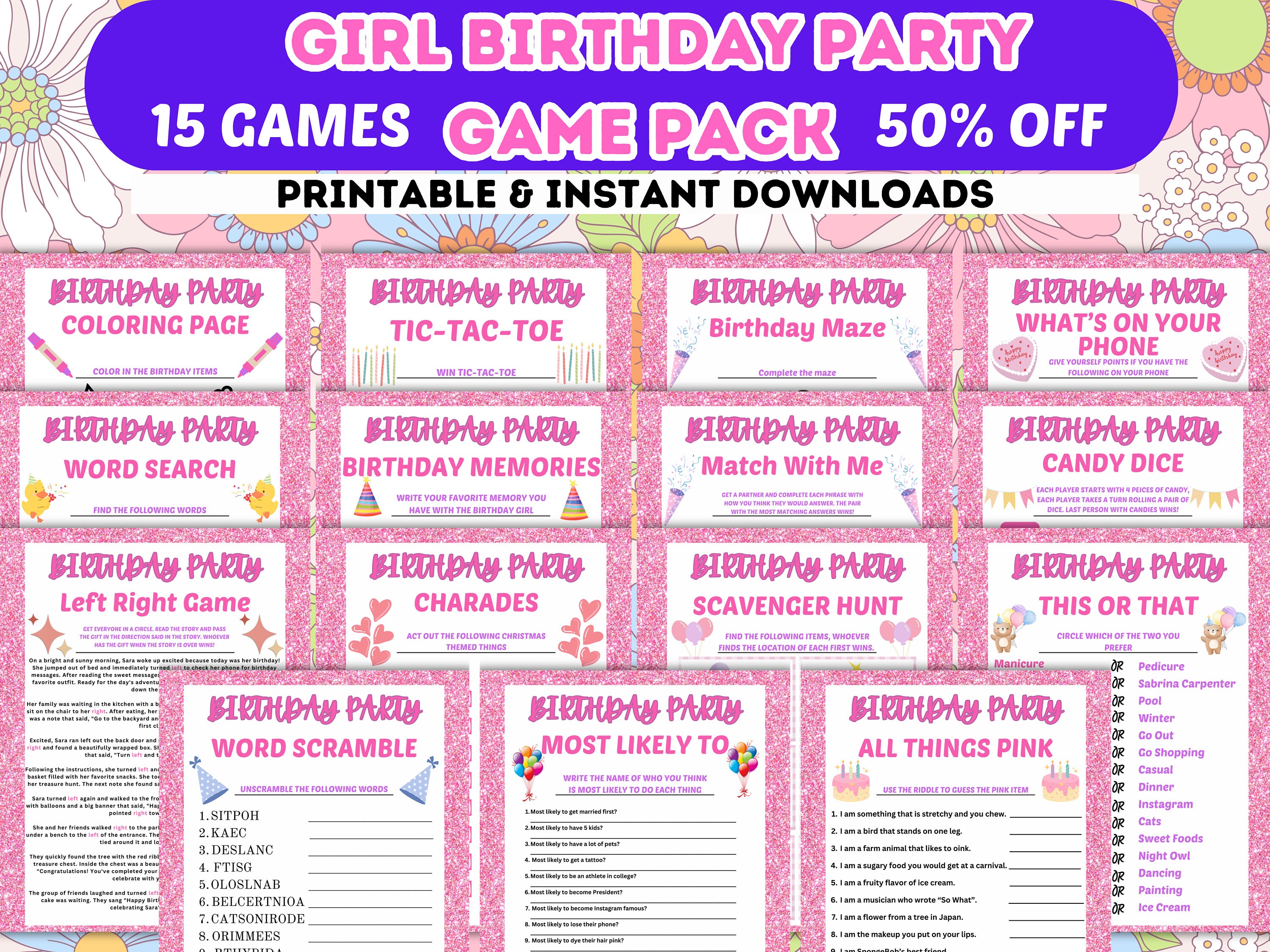 Printable Girl Birthday Party Games Pack for Teen & Tween Girls Fun