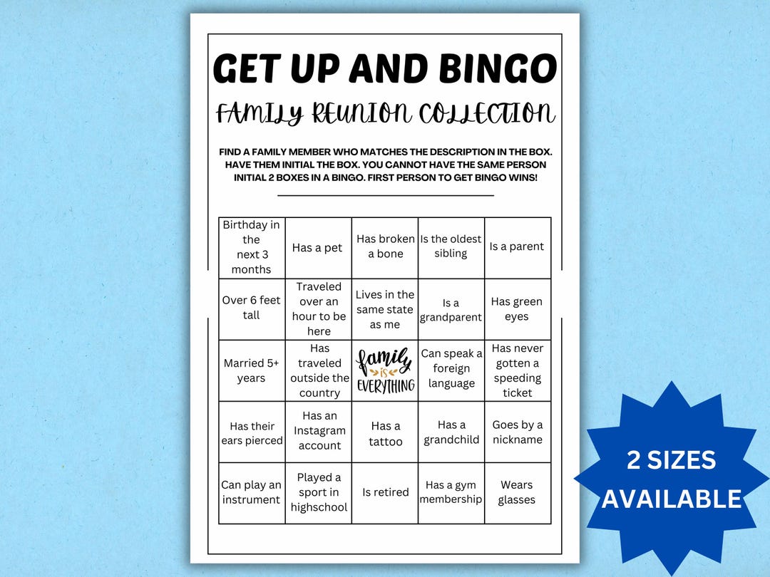 Family Reunion Bingo Game | Get up and Bingo | Find the Guest Bingo ...