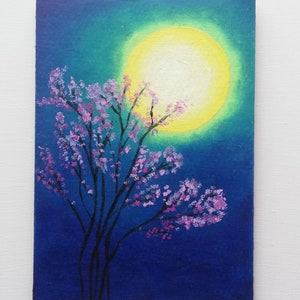 Pintura de Sakura, paisaje lunar, luna original y flores de cerezo de Sakura, arte mural, mini pintura al óleo para ordenar, ArtmasterOilpating