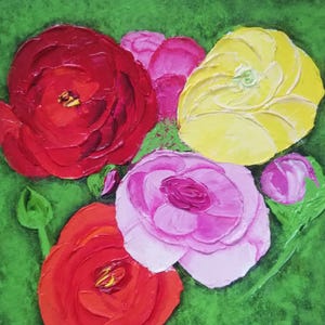 Pintura de ranúnculos, arte original floral, impasto, arte mural de ranúnculos, pintura para ordenar, 8'' x 8'', de ArtmasterOilpainting