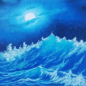 Pintura lunar original de paisaje marino. Obra de arte de ArtmasterOilpainting. ¡No es una impresión! Pequeña pintura al óleo hecha a pedido.