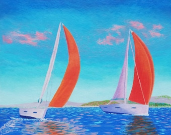 Peinture de voiliers, oeuvre d'art originale de paysage marin, 20 x 10 po. Peinture murale de voiliers par ArtmasterOilpainting