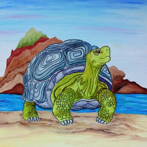 Pintura de tortuga original para ordenar Arte Dinero Talismán Pintura al óleo ''A la playa'' 100% hecho a mano 12'' por 12'' por ArtmasterOilpaintihg