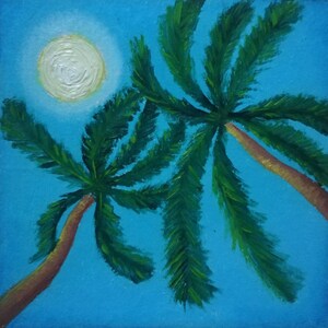 Pintura de palmeras Arte original por encargo Obra de arte de sol y palmeras Pintura de playa de Florida Arte de pared pequeño 4'' por 4" de ArtmasterOilpainting
