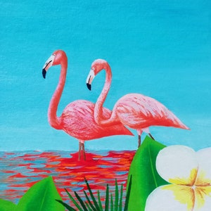 Flamencos rosados, pintura original, pájaros rosados, pintura al óleo, mini arte, 100% hecho a mano, cartón, 8 x 8 pulgadas, por ArtmasterOilpainting