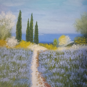 Pintura Toscana, Lavanda Italiana, Mini Arte, Flor, Óleo, Paisagem, Pintura Original, Feito à Mão, 8'' x 8'', por ArtmasterOilpainting