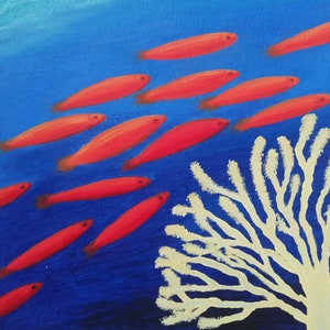 Pintura original del mundo submarino con arte de peces rojos, obra de arte de vida marina, peces, pintura oceánica, óleo, para ordenar, no una impresión, 8 x 8 pulgadas, de ArtmasterOilpainting