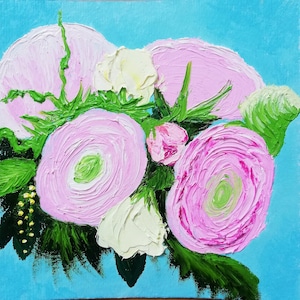Pintura de ranúnculos, arte floral original, obra de arte de flores empastadas, 8 x 8 pulgadas, cartón, pintura de arte mural de ranúnculos por encargo ArtmasterOilpainting