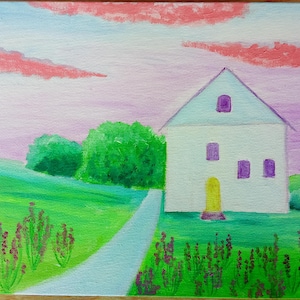 Peinture de paysage à l'huile sur commande Paysage avec une maison Oeuvre d'art originale 100 % fait main Mini oeuvre d'art rose ciel 7,5 pouces par 10 pouces par ArtmasterOilpainting